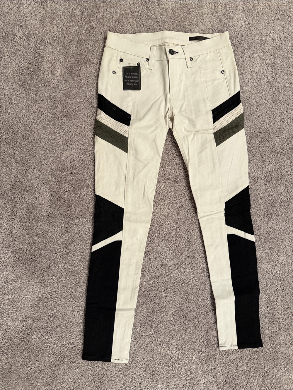 RAG & BONE Cream Moto-Style Colorblock Skinny Pants with Black & Olive Accents